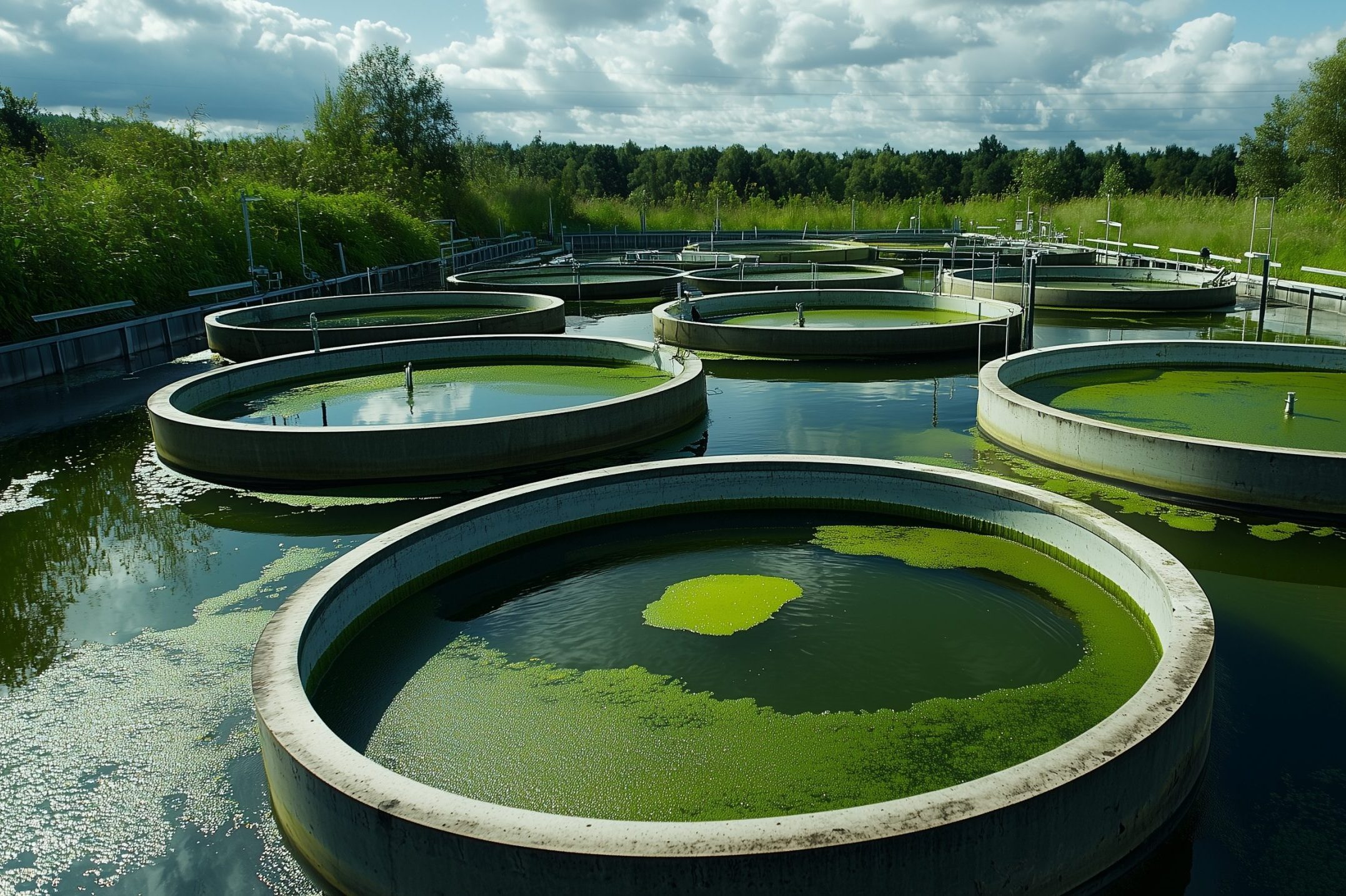 Circular algae ponds in a lush setting symbolize sustainable biofuel production.